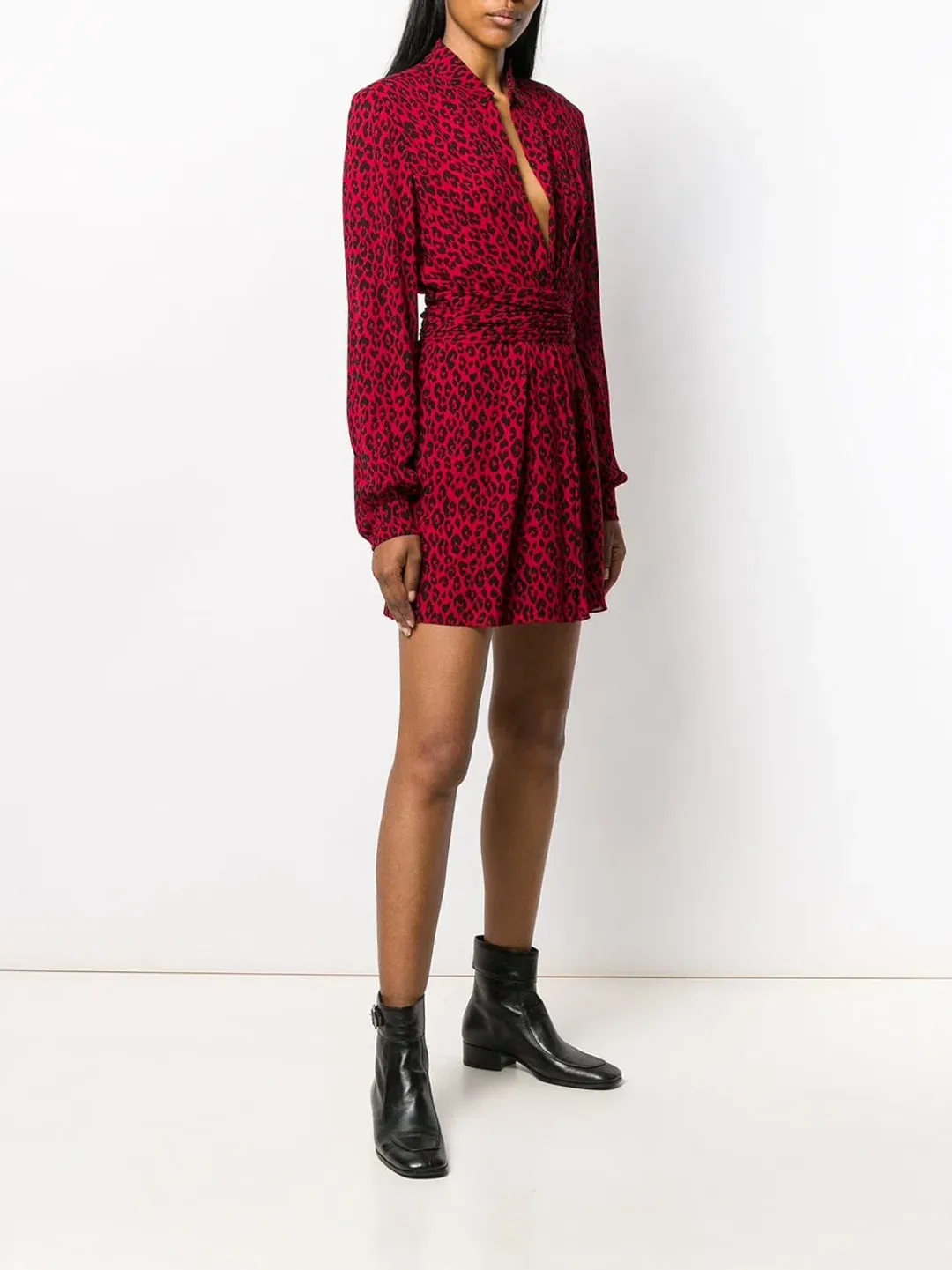 Saint Laurent Long Sleeve Leopard Mini Dress In Red & Black Size 8  for rent on The Volte - main image