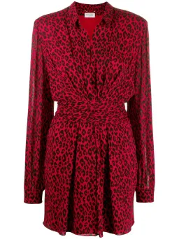 Saint Laurent Long Sleeve Leopard Mini Dress In Red & Black Size 8  for rent on The Volte - image 5
