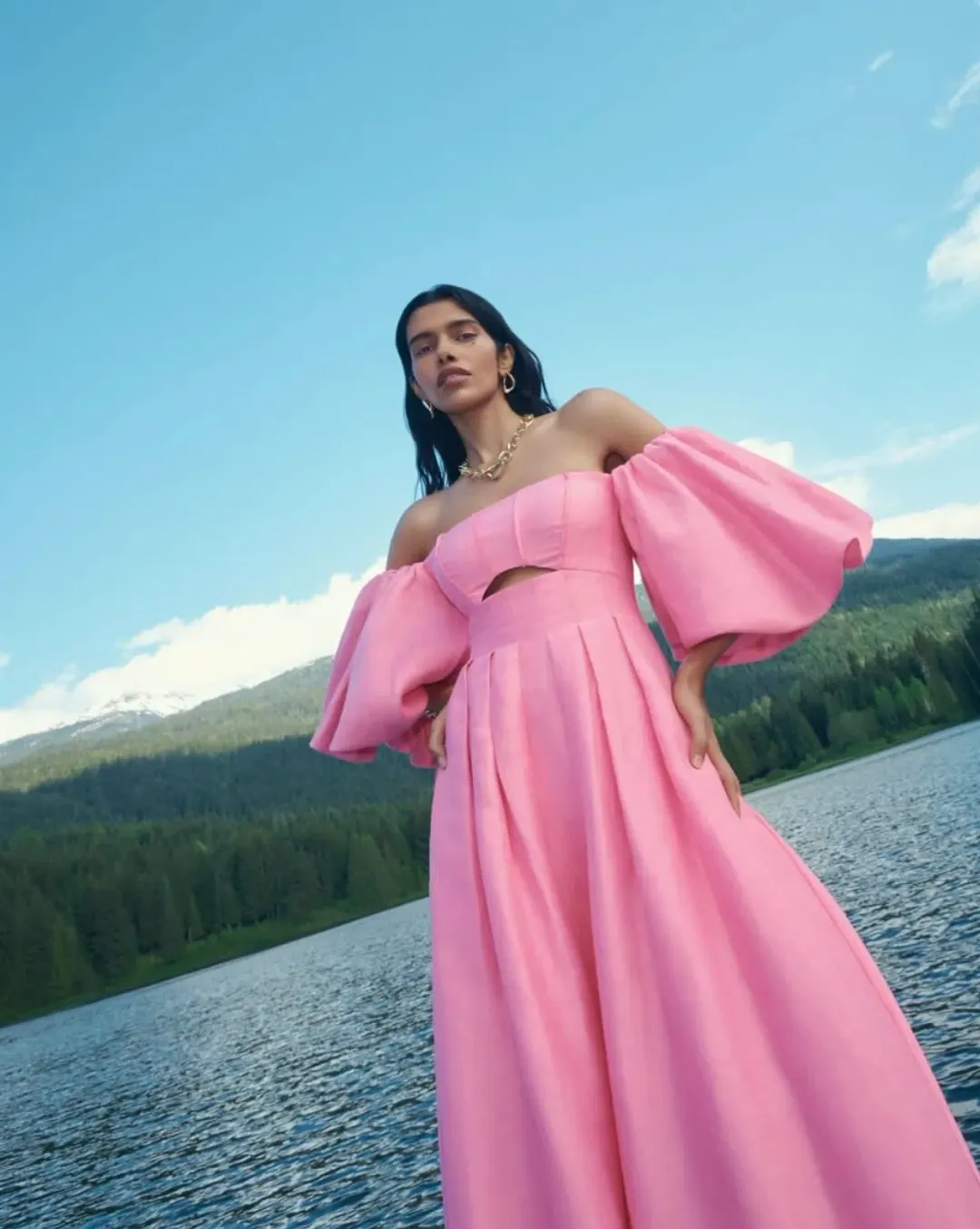 AJE Eugenie Off Shoulder Midi Dress French Rose Pink Size 8 for rent on The Volte - main image