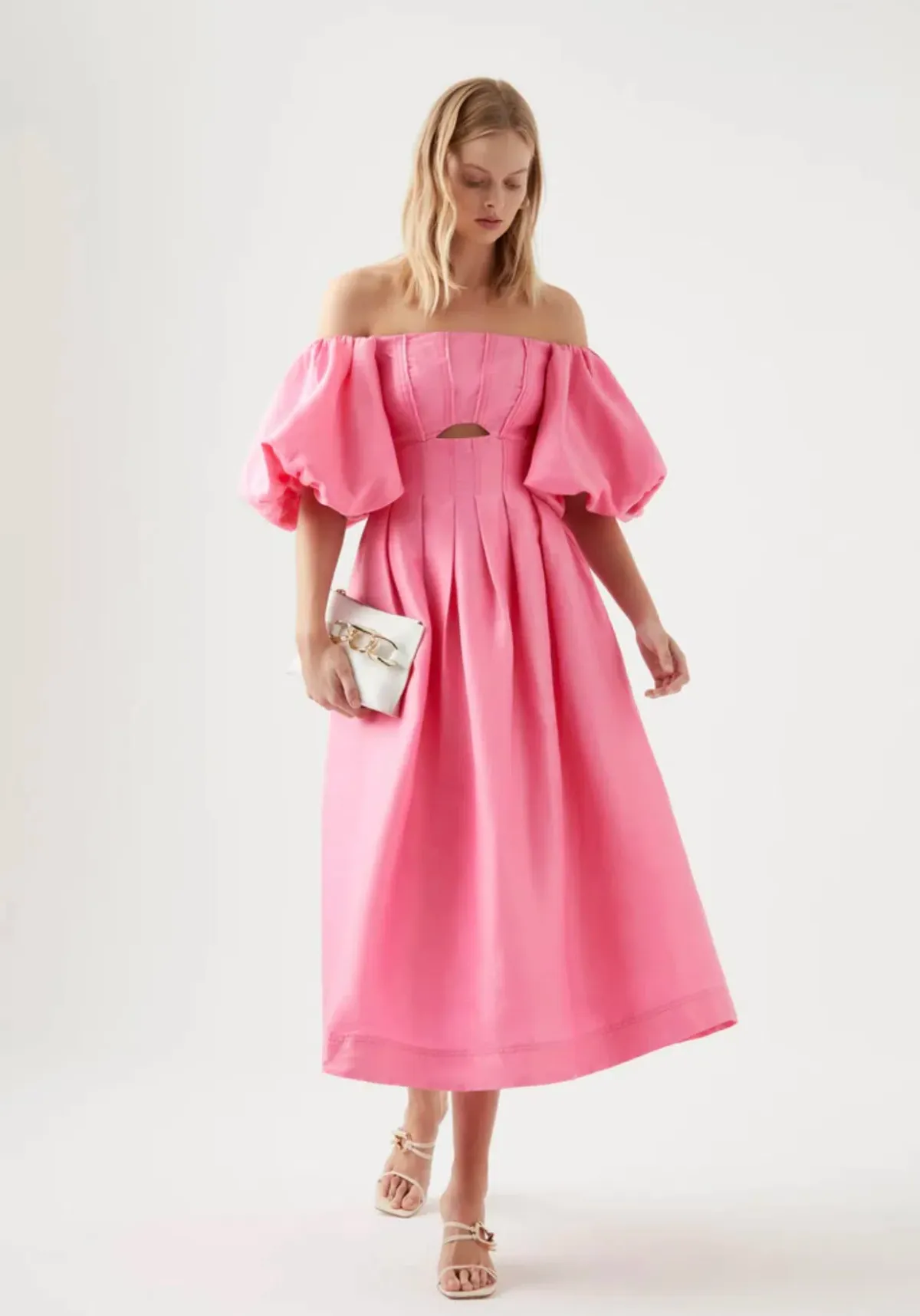 AJE Eugenie Off Shoulder Midi Dress French Rose Pink Size 8 for rent on The Volte - main image