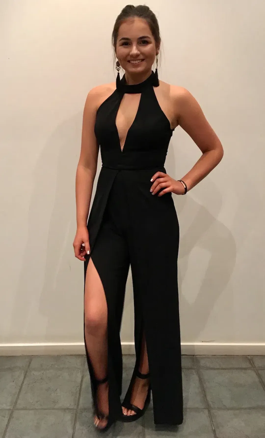 Seduce Plunge Neck Jumpsuit Black Size 8 for rent on The Volte - main image