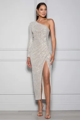 Elle Zeitoune Opal Dress in Champagne Silver Sequin Size 10 for rent on The Volte - image 1