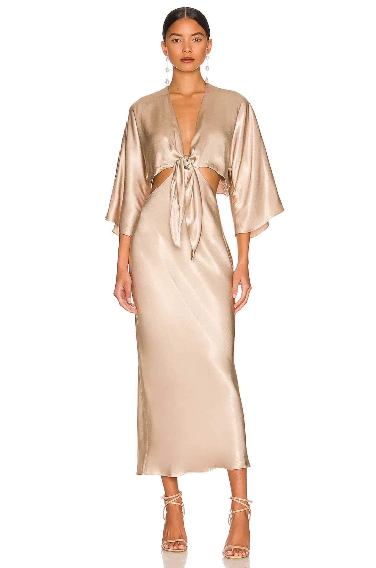 Shona Joy La Lune Tie Front Bias Midi Dress Gold Size 8 for rent on The Volte - main image