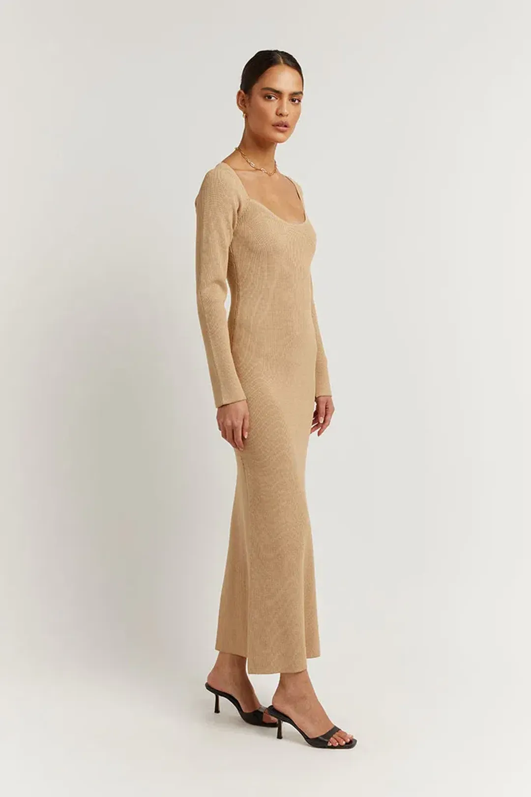 Dissh Stride Warm Wheat Knit Midi Dress Beige Size 8 for rent on The Volte - main image