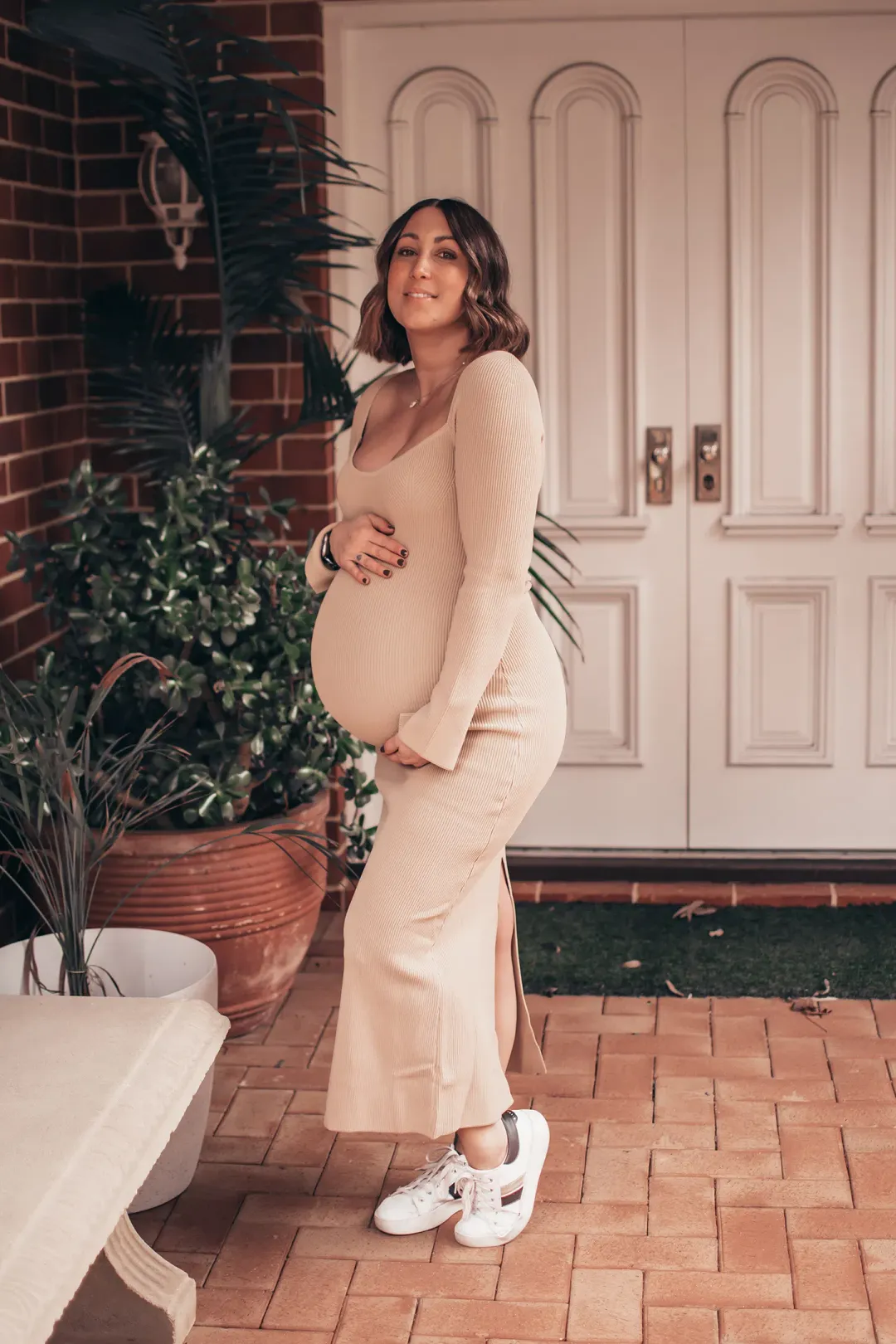 Dissh Stride Warm Wheat Knit Midi Dress Beige Size 8 for rent on The Volte - main image