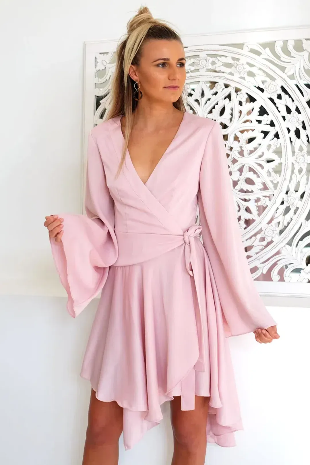 Keepsake Oceans Long Sleeve Wrap Mini Dress Pink Blush Size M / Au 10 for rent on The Volte - main image