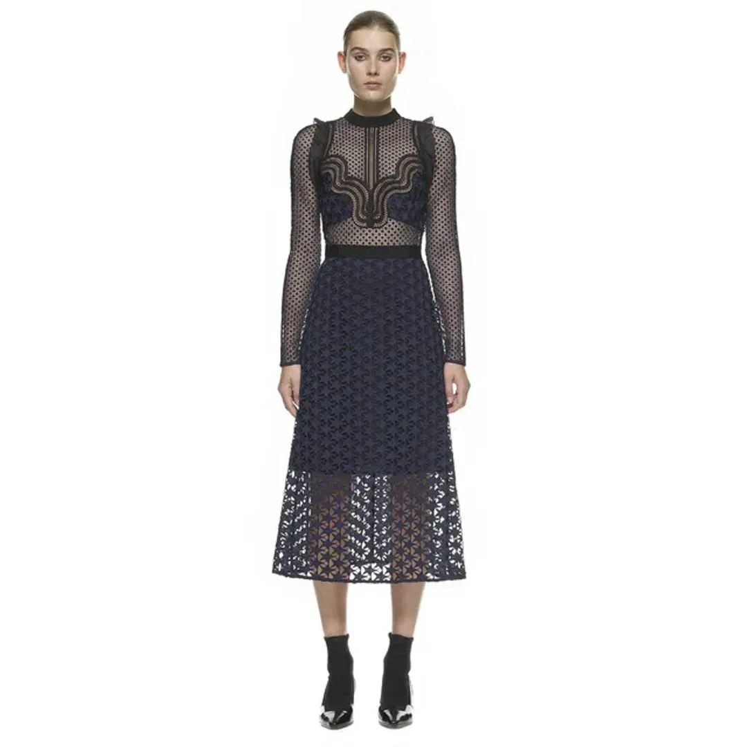 Self Portrait Star Repeat  Midi Dress Navy/Black Size 8 for rent on The Volte - main image