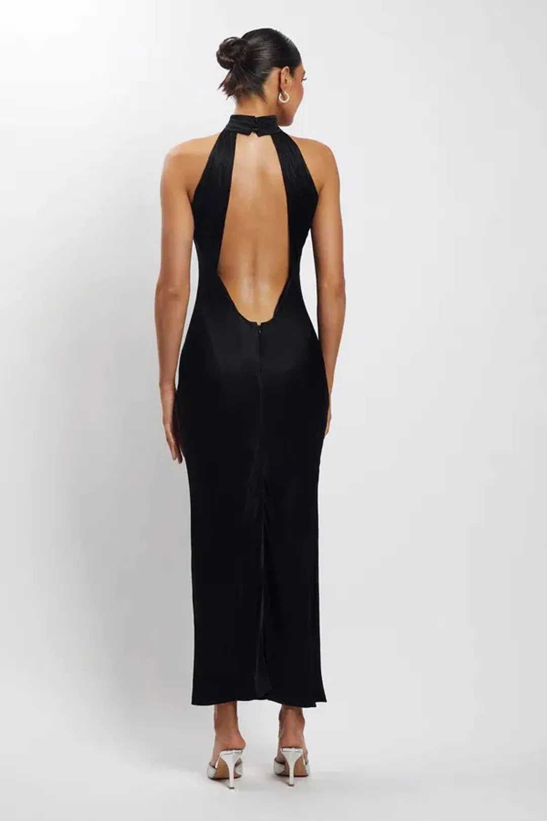 Meshki Claire Satin Drape Back Maxi Dress Black Size 8 for rent on The Volte - main image