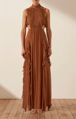 Shona Joy Leonie Backless Frill Maxi Dress in Almond Brown Size 6 for rent on The Volte - image 1