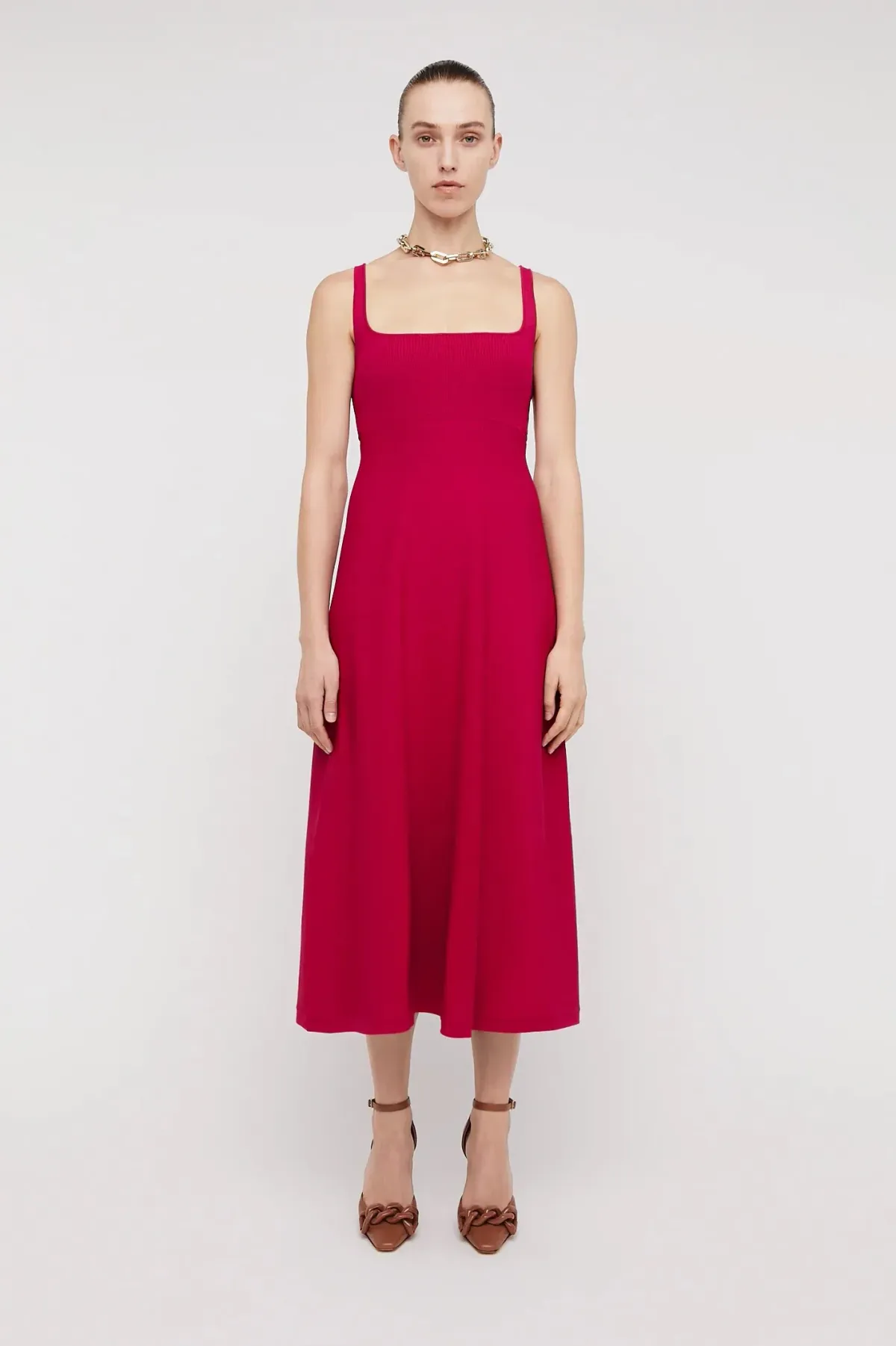 Scanlan Theodore Crepe Knit Square Neck Dress in Raspberry Red Size S/ AU 8 for rent on The Volte - main image
