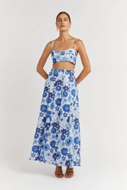 Dissh Lori Bloom Linen Curve Crop Top and Skirt Set Blue Size 8 for rent on The Volte - image 1