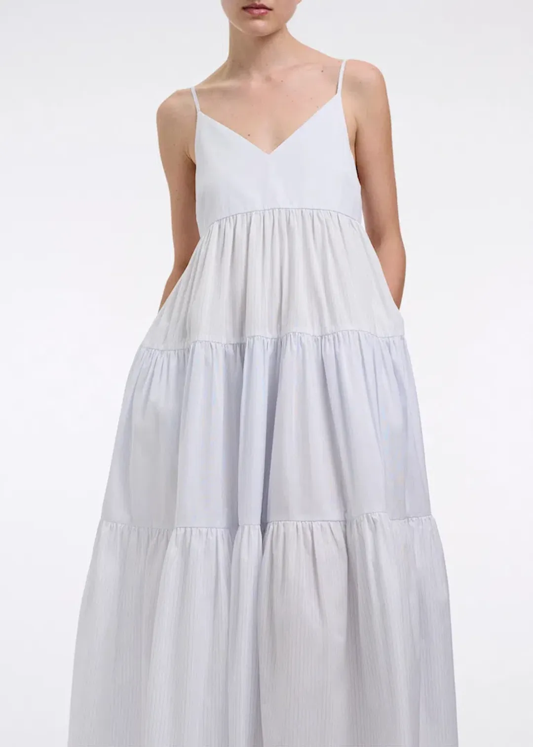 CO Collections V-Neck Tiered Dress in Cotton Blue Stripe Size S / AU 6  for rent on The Volte - main image