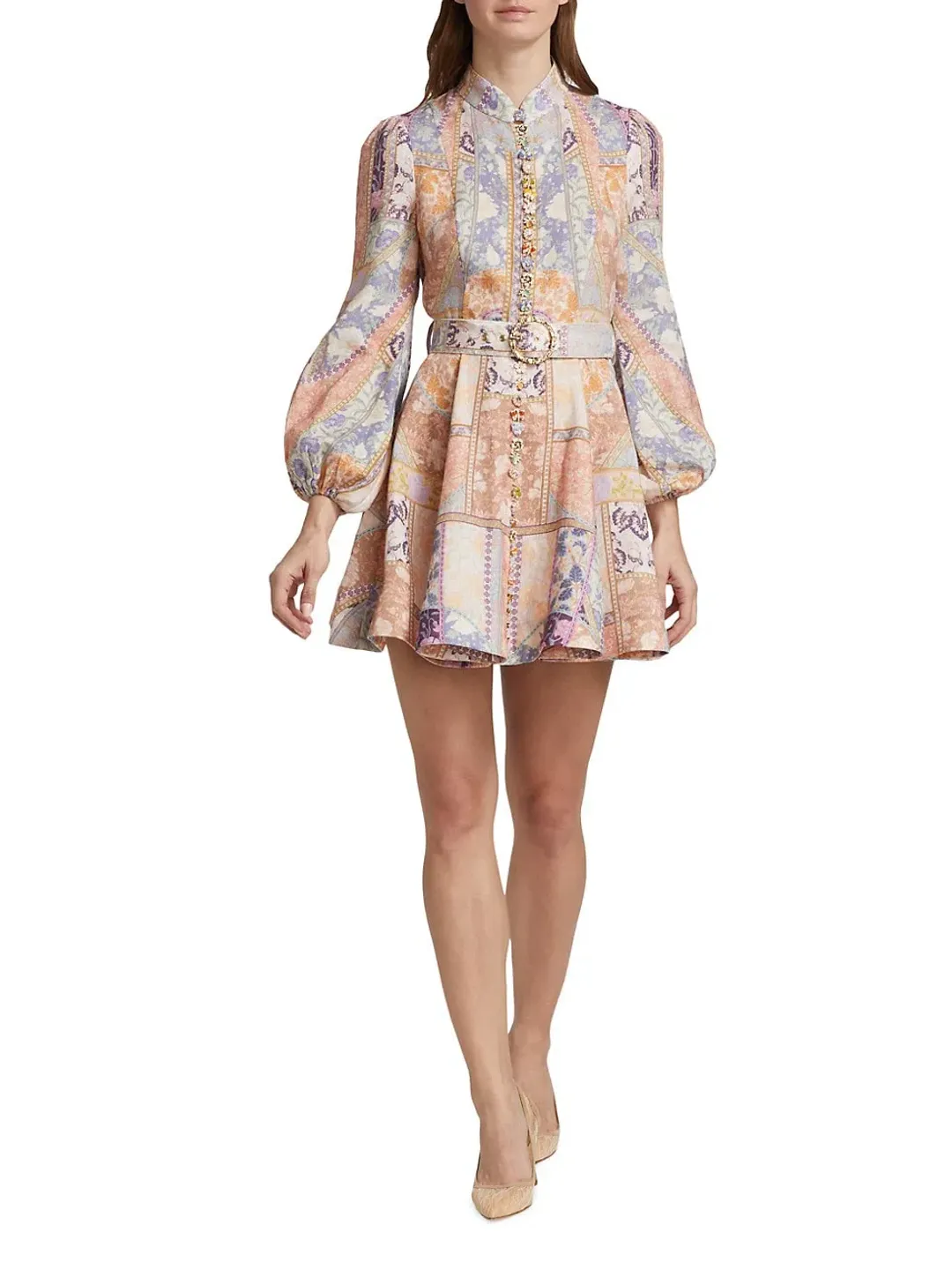 Zimmermann Kaleidoscope Buttoned Mini Dress Multi Swirl Floral Size 1 / Au 10 for rent on The Volte - main image