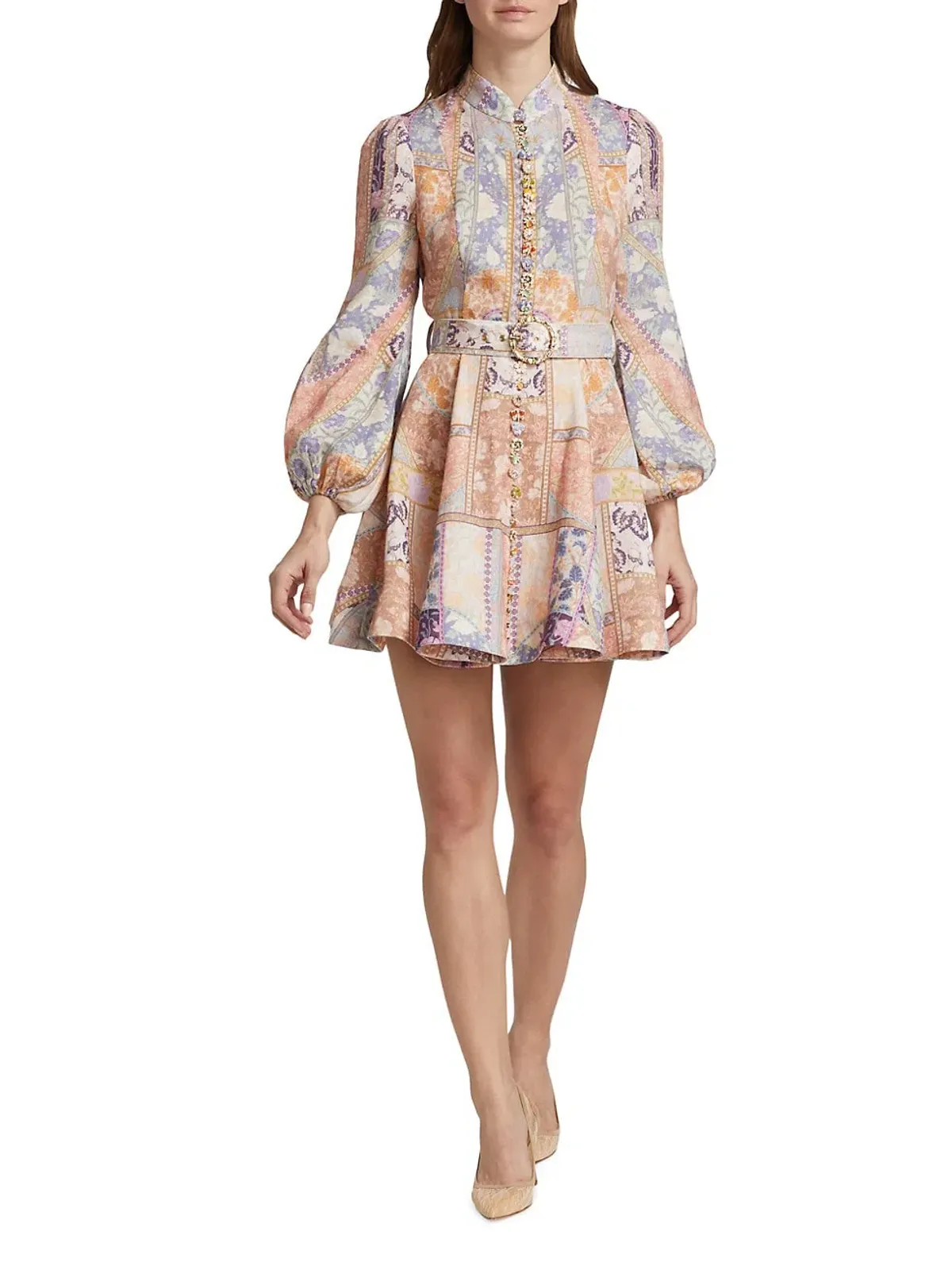 Zimmermann Kaleidoscope Buttoned Mini Dress Multi Swirl Floral Size 1 / Au 10 for rent on The Volte - main image