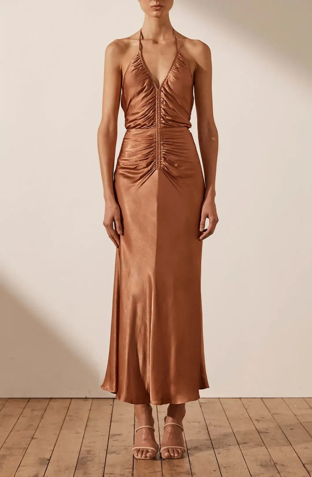 Shona Joy Gala Halter Ruched Midi Dress in Copper Size 8 for rent on The Volte - main image