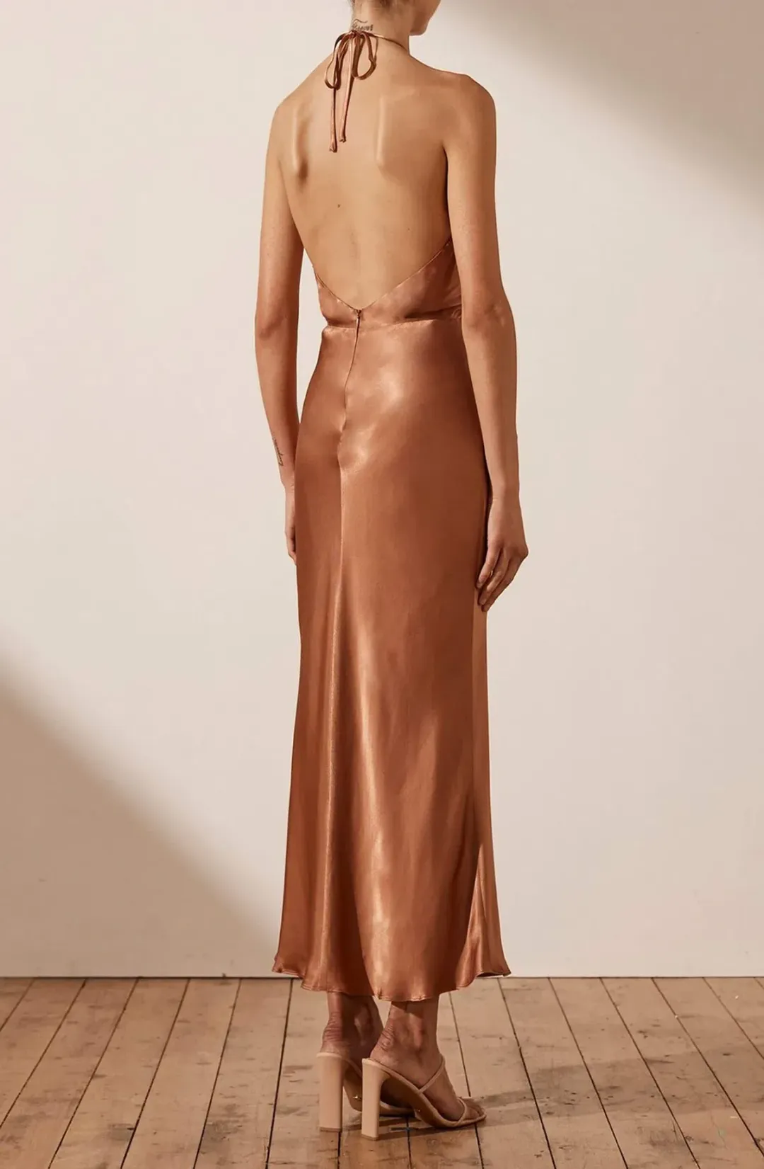 Shona Joy Gala Halter Ruched Midi Dress in Copper Size 8 for rent on The Volte - main image