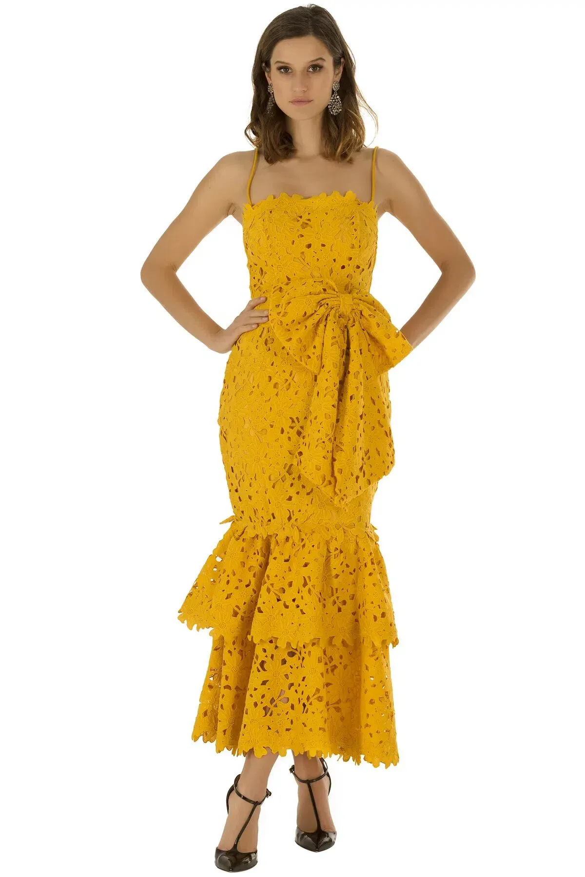 Bambah Double Ruffle Lace Midi Dress Yellow Size 12  for rent on The Volte - main image