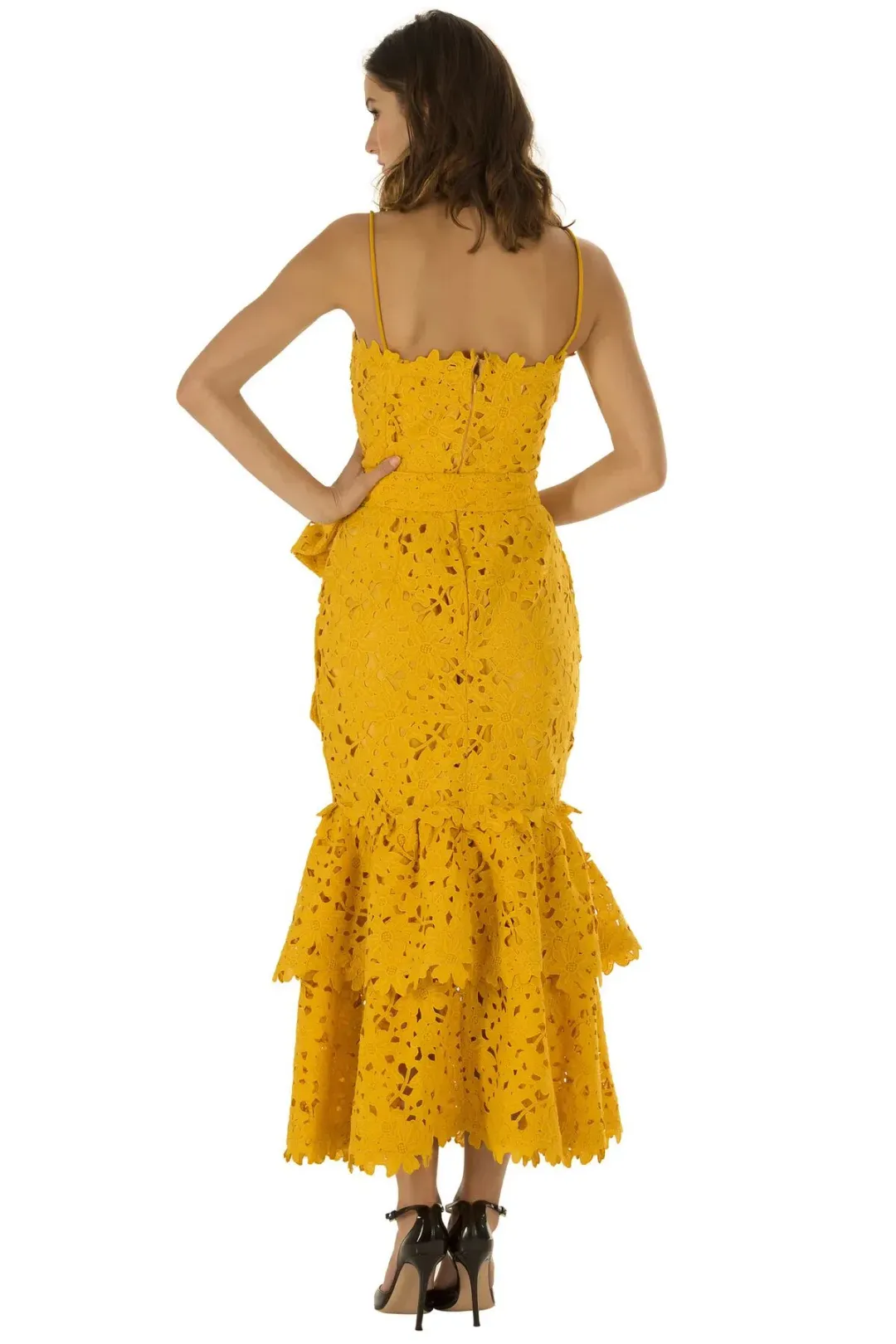 Bambah Double Ruffle Lace Midi Dress Yellow Size 12  for rent on The Volte - main image