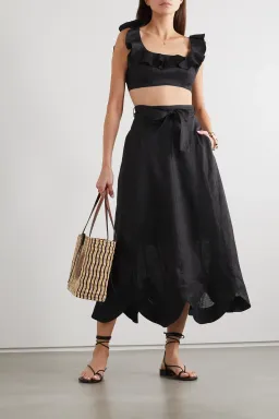 Zimmermann Riders Belted Scalloped Linen Midi Skirt and Bralette Set Black Size 1/AU 10 for rent on The Volte - image 1