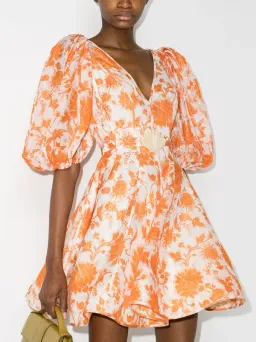 Zimmermann Postcard Puff Sleeve Mini Dress Orange Floral Size 0/AU 8 for rent on The Volte - image 2
