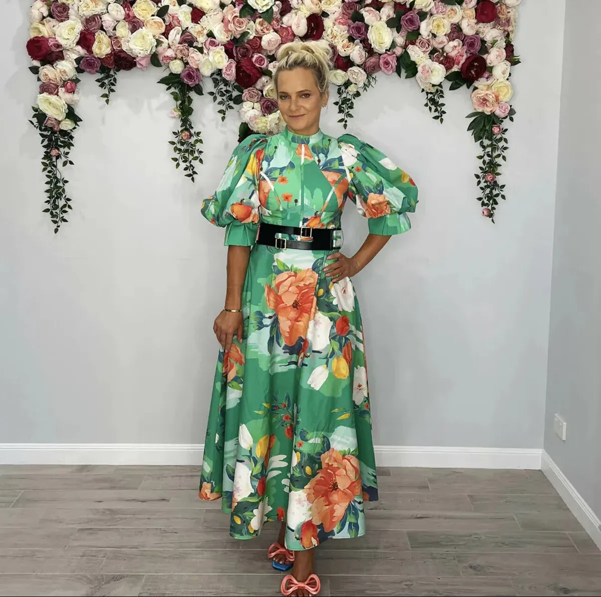 Leo Lin Florescence Midi Dress Green Floral Size AU 12 for rent on The Volte - main image