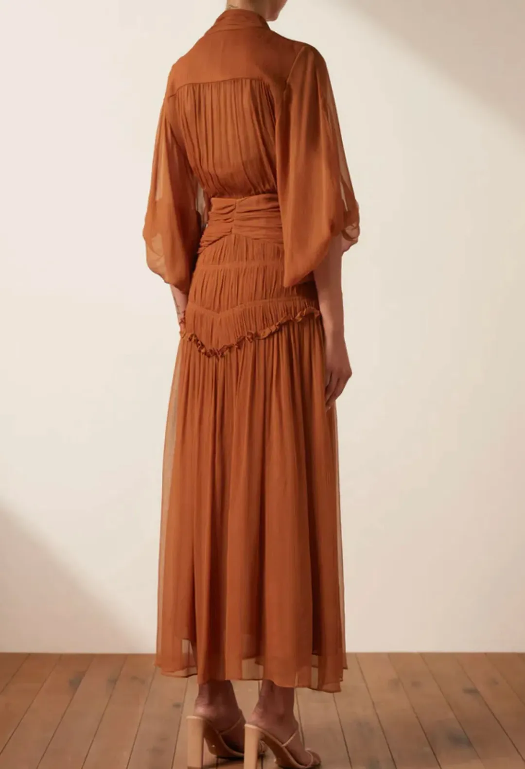 Shona Joy Noemi Button Up Ruched Midi Dress in Siena Brown Size 16 for rent on The Volte - main image