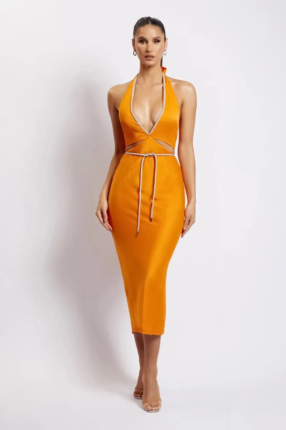 Meshki Lila Diamante Rope Midi Dress in Mandarin Size 12  for rent on The Volte - main image