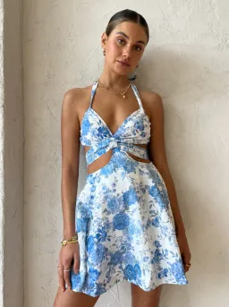 Sofia Moda Cut Out Mini Dress In Sky Blue Floral Size S/Au 8 for rent on The Volte - image 2