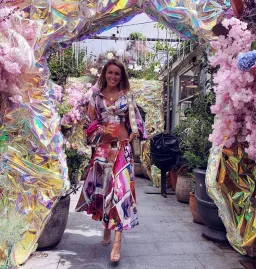 Zimmermann Wavelength High Collar Blouse and Swing Skirt Set Pink Poster Print Size 0/1 for rent on The Volte - image 1