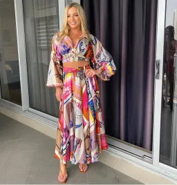 Zimmermann Wavelength High Collar Blouse and Swing Skirt Set Pink Poster Print Size 0/1 for rent on The Volte - image 2