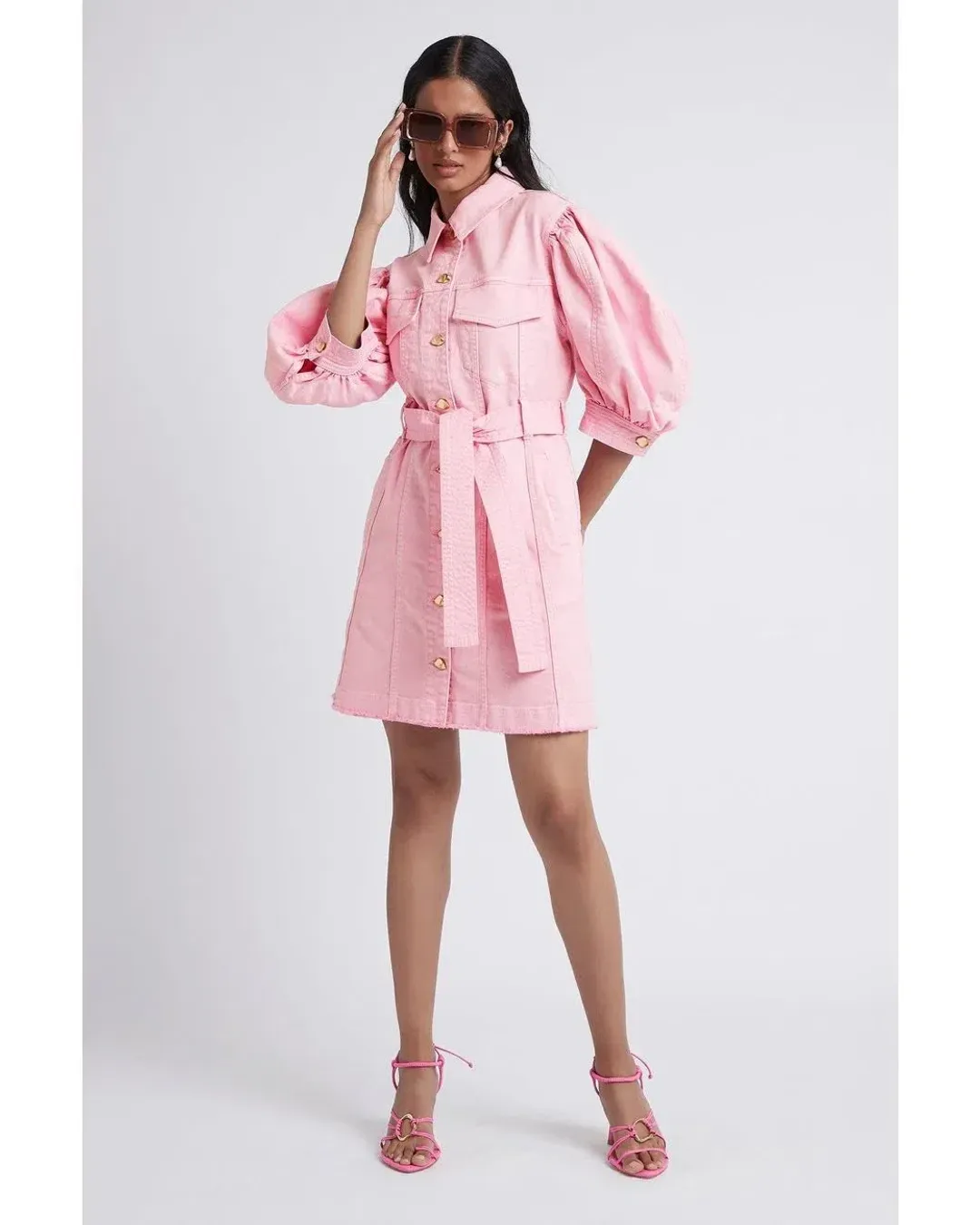 Aje Triada Button Denim Puff Sleeve Dress Pink Size 8 for rent on The Volte - main image