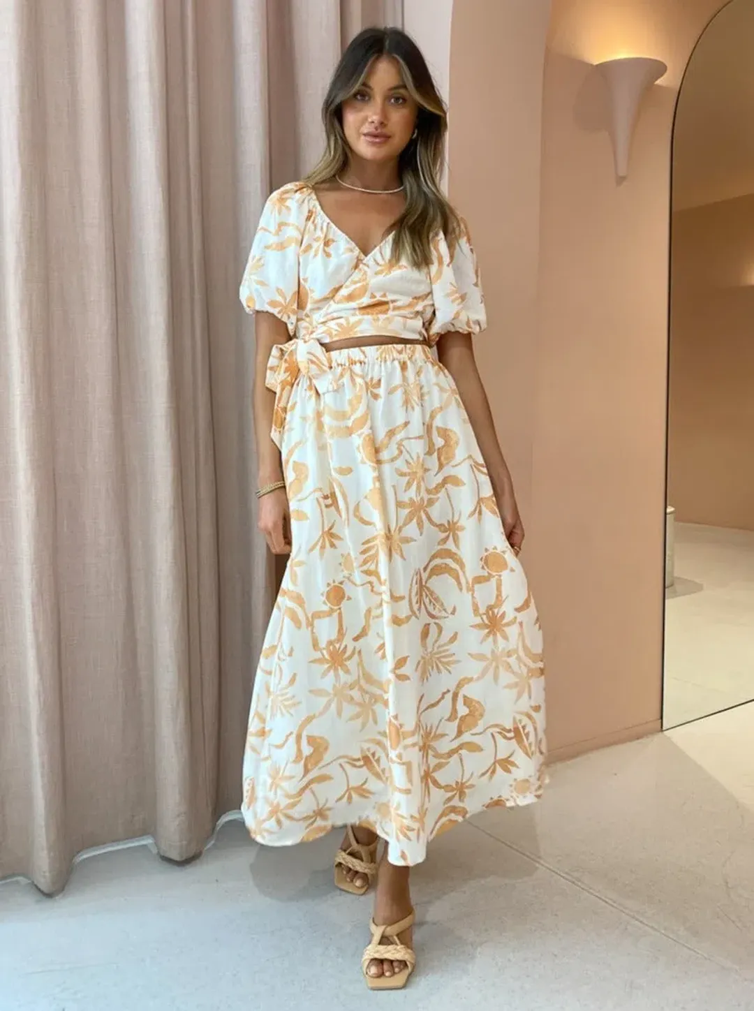 Steele Jules Skirt and Murphy Top in Sand Palmette Print Size M/AU 10 for rent on The Volte - main image