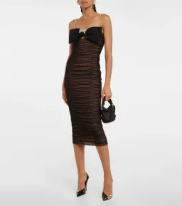 Self Portrait Bow Embellished Ruched Midi Dress Black Size 8 for rent on The Volte - image 1