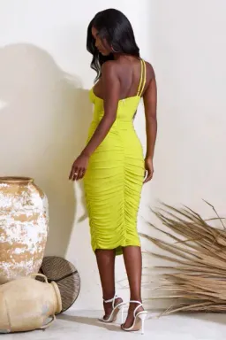 Club L London Midsummer Asymmetric Neck Ruched Midi Dress Lime Green Size 10 for rent on The Volte - image 3