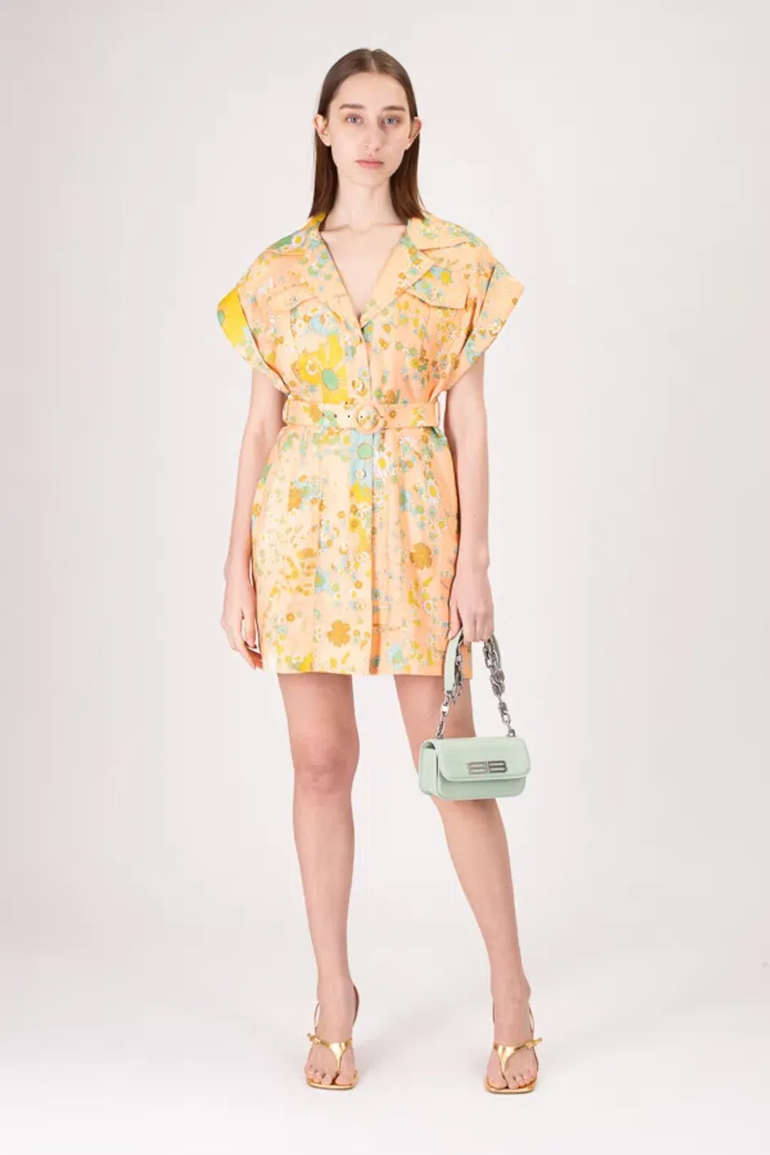 Zimmermann Lola Roll Cuff Mini Dress Peach Floral Size 1 / Au 10 for rent on The Volte - main image