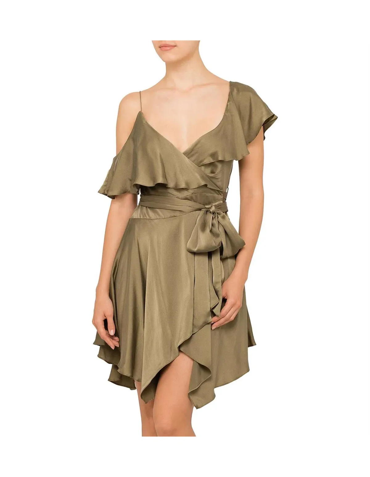 Zimmermann Sueded Asymmetrical Wrap Mini Dress Khaki Size 8 for rent on The Volte - main image