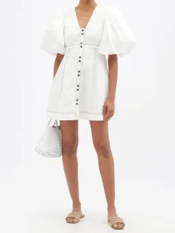 Aje Cherished Puff Sleeve Linen Mini Dress White Size 12 / L for rent on The Volte - image 1