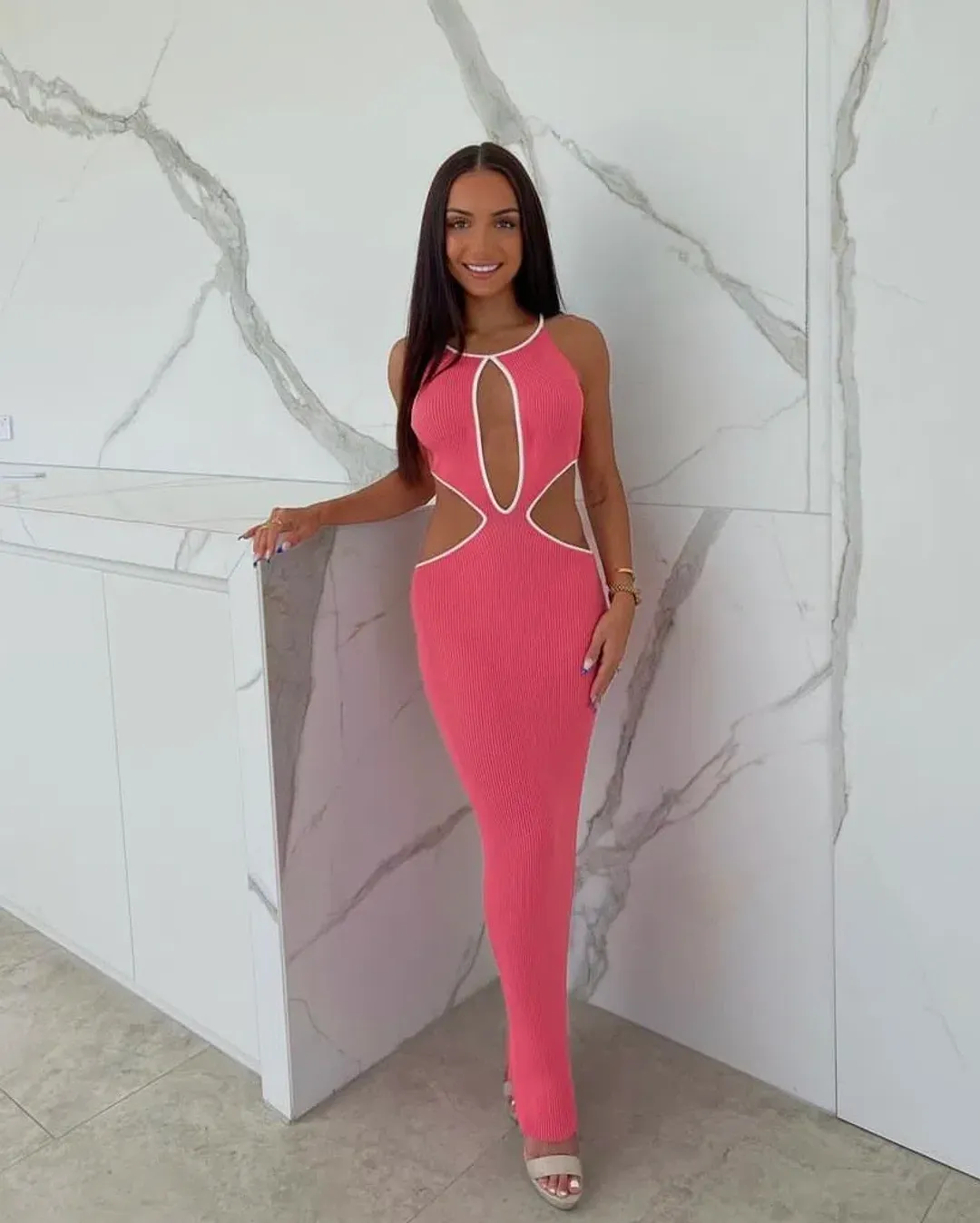 San Sloane Adrian Rib Midi Coral White Size 10 for rent on The Volte - main image