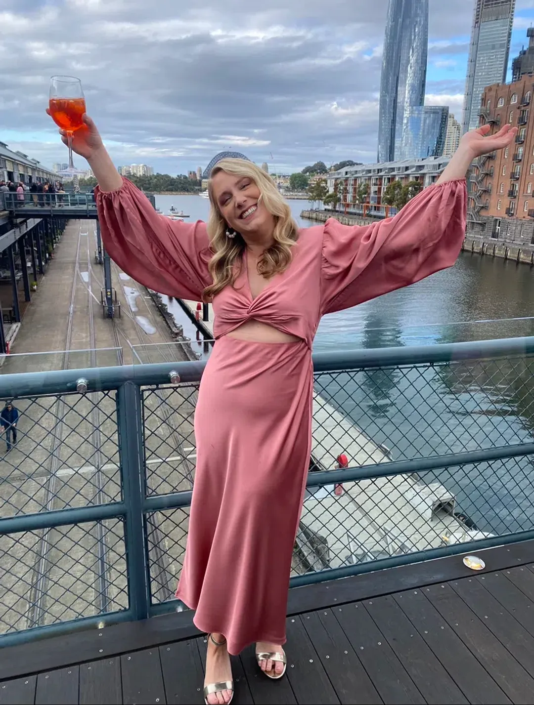 Shona Joy Luxe Twist Front Balloon Sleeve Midi Dress Dusty Pink Size 14 for rent on The Volte - main image