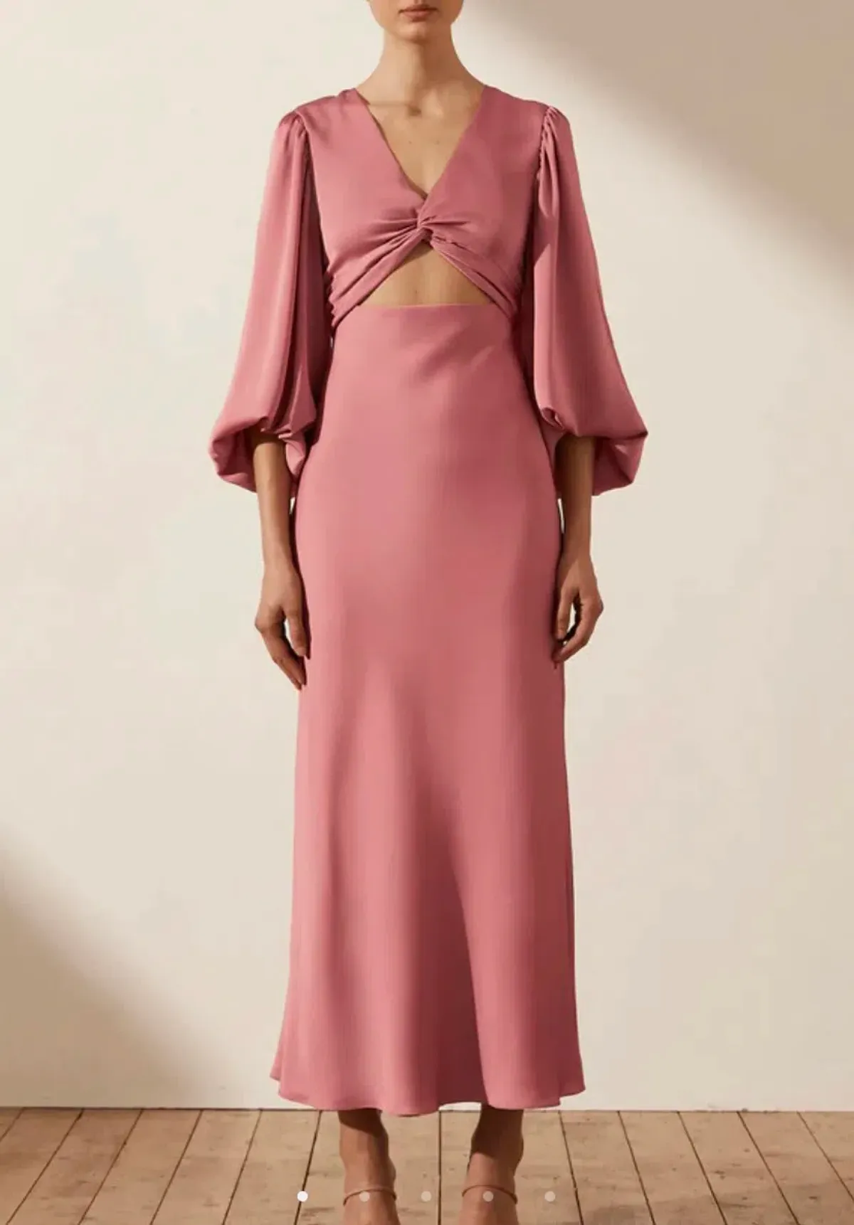 Shona Joy Luxe Twist Front Balloon Sleeve Midi Dress Dusty Pink Size 14 for rent on The Volte - main image