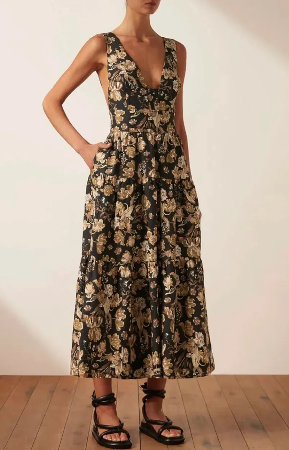 Shona Joy Palermo Linen Plunge Back Midi Dress Palermo Size 14 for rent on The Volte - main image