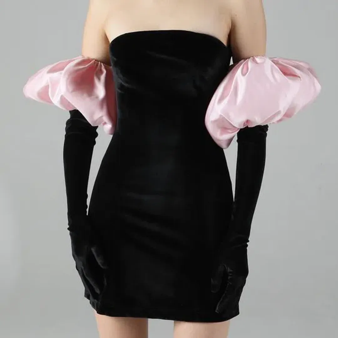 Miscreants Cupid Dress & Gloves Black Velvet with Duchess Satin Baby Pink Puffs Size 8 for rent on The Volte - main image