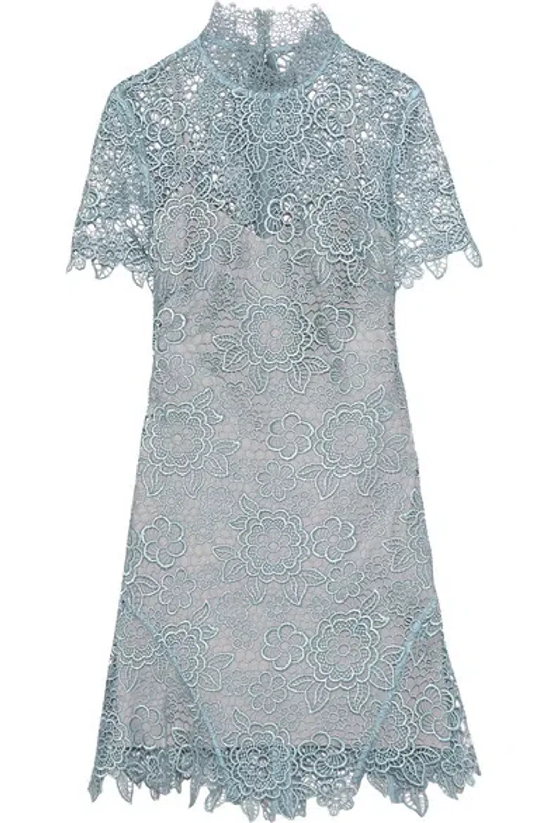 Self Portrait Peep Back Floral Lace Mini Dress Light Blue Size 10 for rent on The Volte - main image