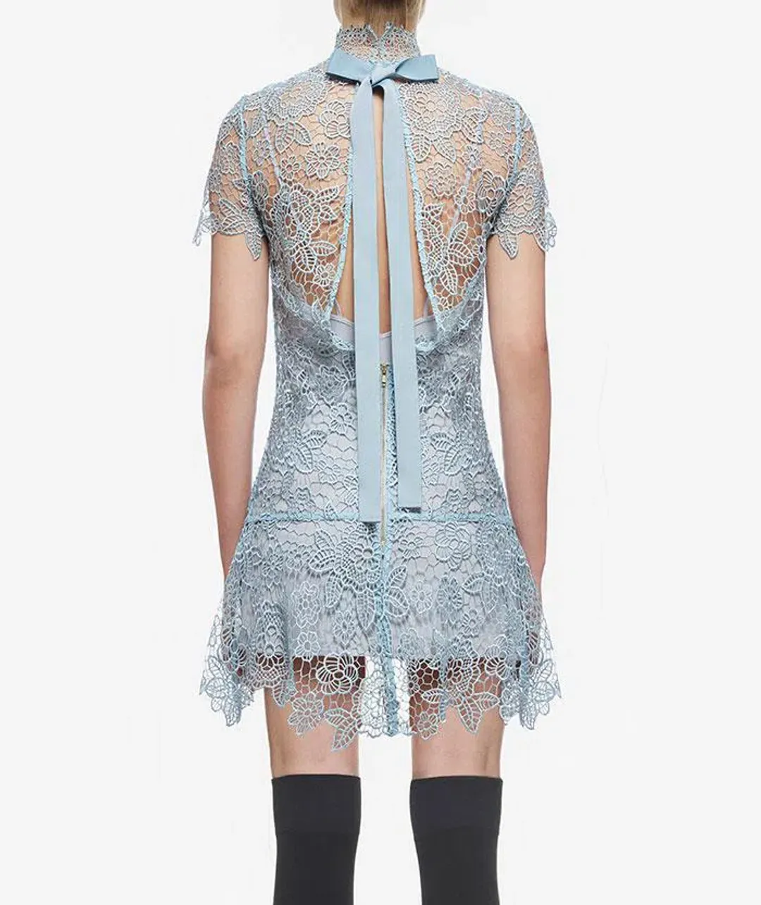 Self Portrait Peep Back Floral Lace Mini Dress Light Blue Size 10 for rent on The Volte - main image