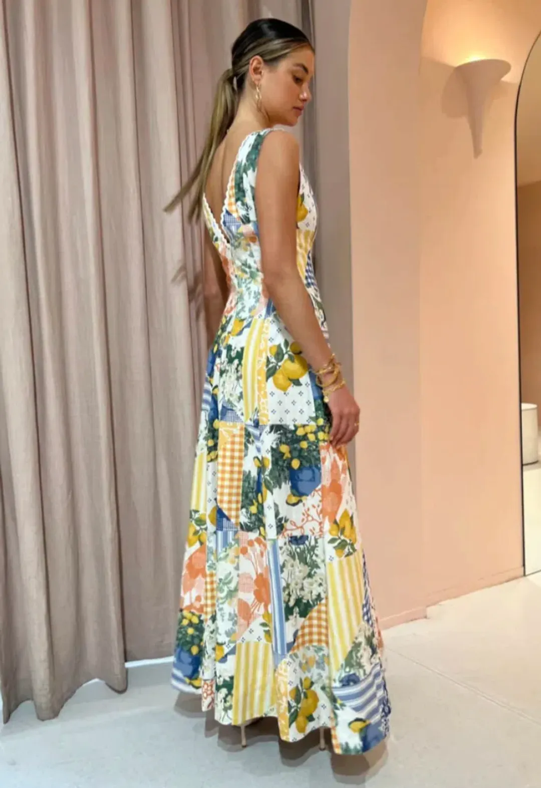 By Nicola - Wavy Maxi Dress In Lemon Patchwork - Size 10 for rent on The Volte - main image