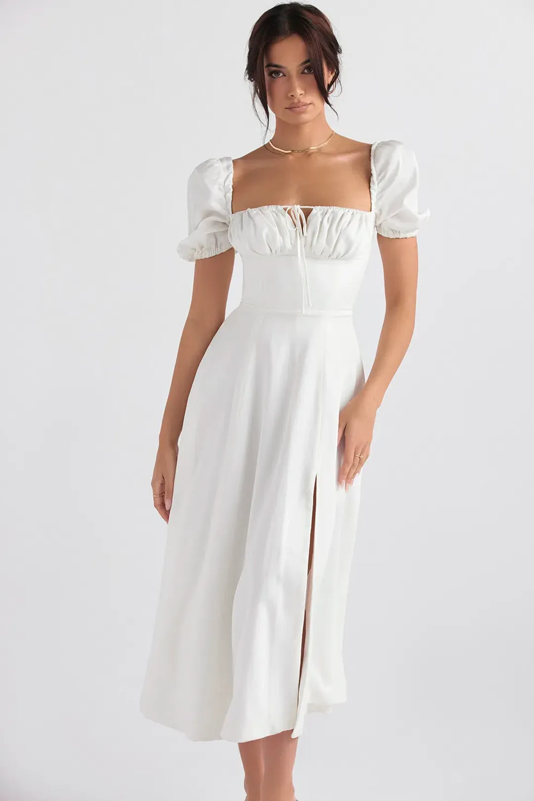 House of CB Tallulah Puff Sleeve Midi Sundress White Size 10 for rent on The Volte - main image