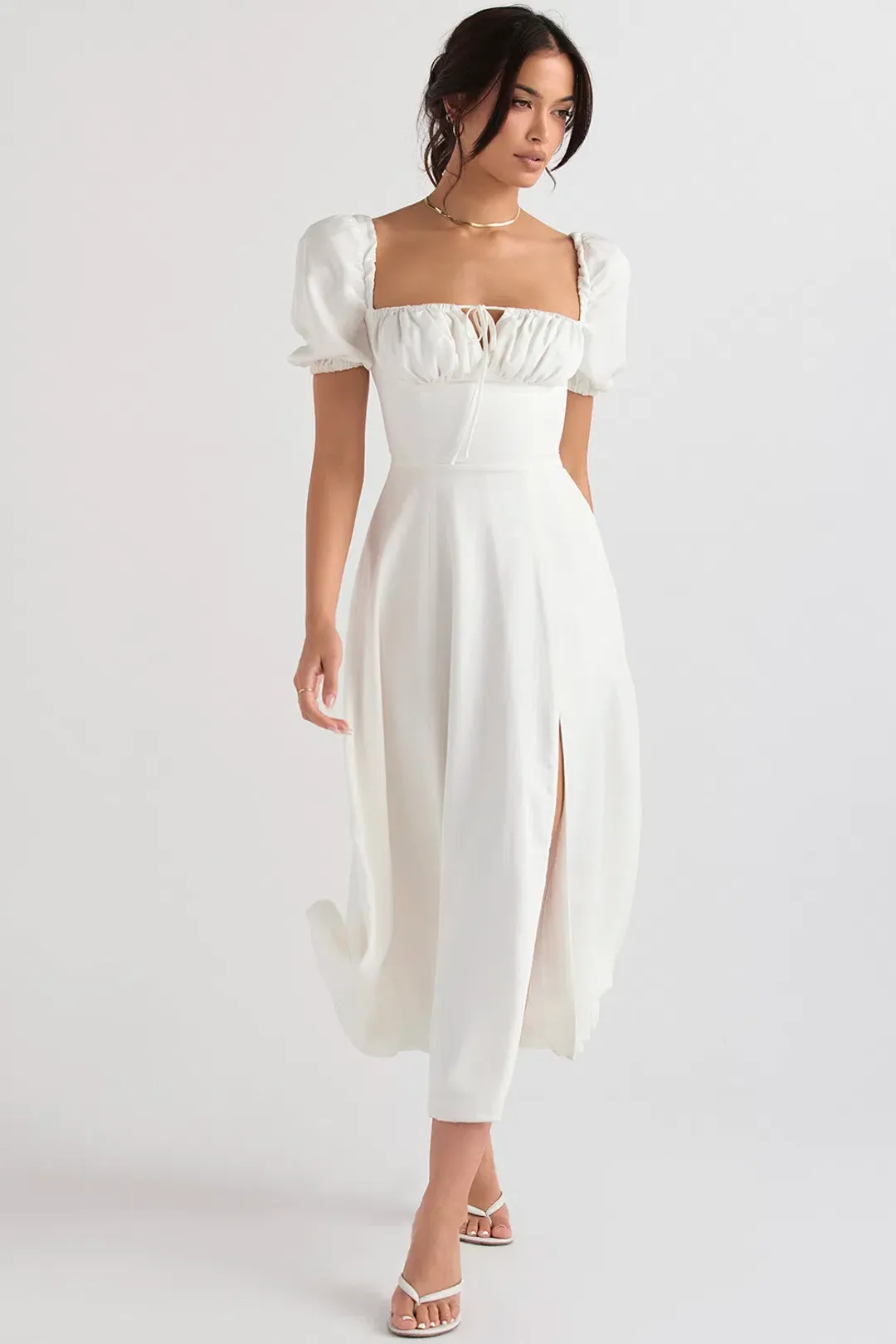 House of CB Tallulah Puff Sleeve Midi Sundress White Size 10 for rent on The Volte - main image