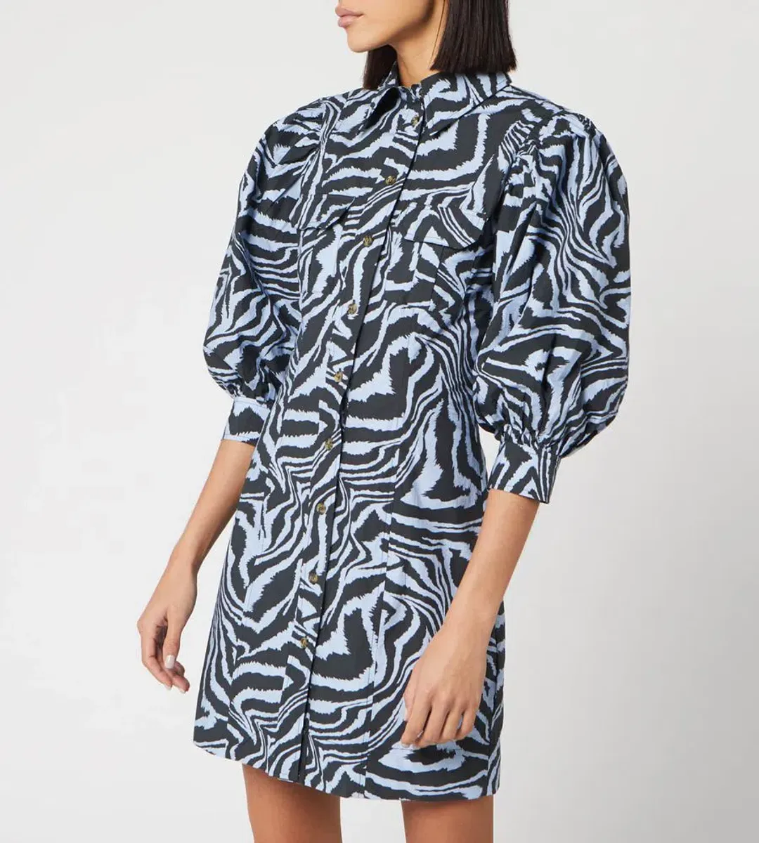 Ganni Cotton Poplin Zebra Shirt Dress Forever Blue Size 10 for rent on The Volte - main image