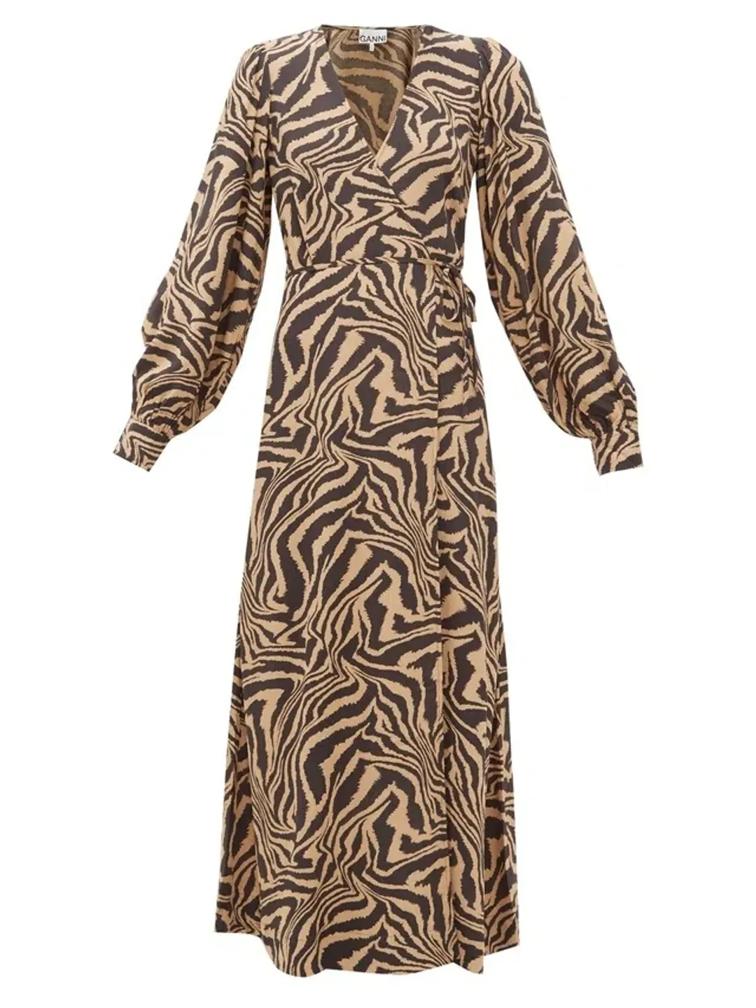 Ganni Zebra Crepe Wrap Dress Brown Print Size 10 for rent on The Volte - main image