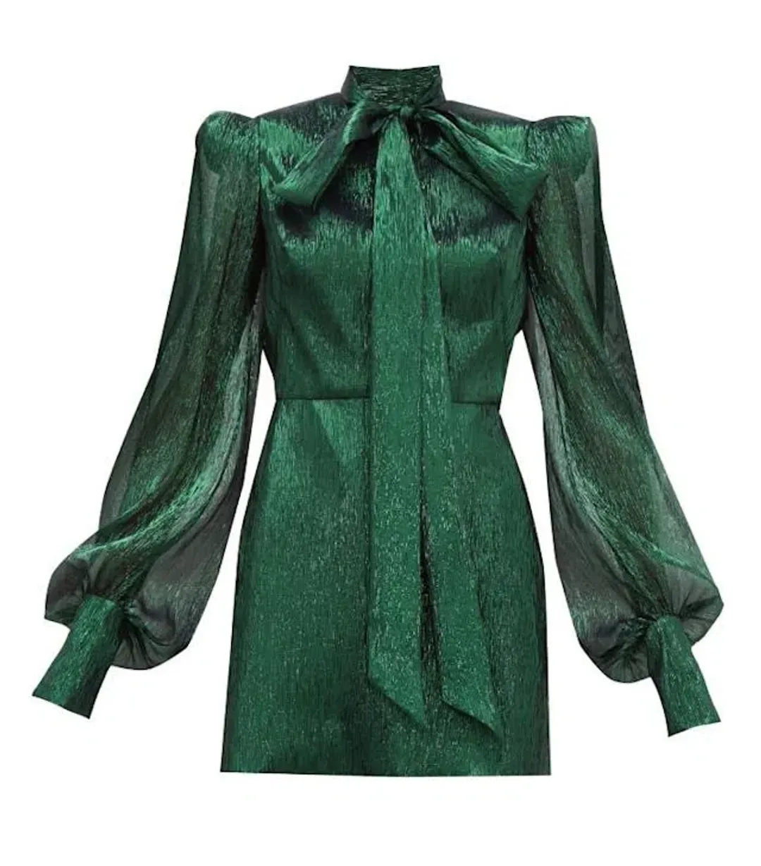 The Vampire's Wife The Pussybow Plissé Silk-Blend Lamé Mini Dress Dark Green Lame Size 10  for rent on The Volte - main image